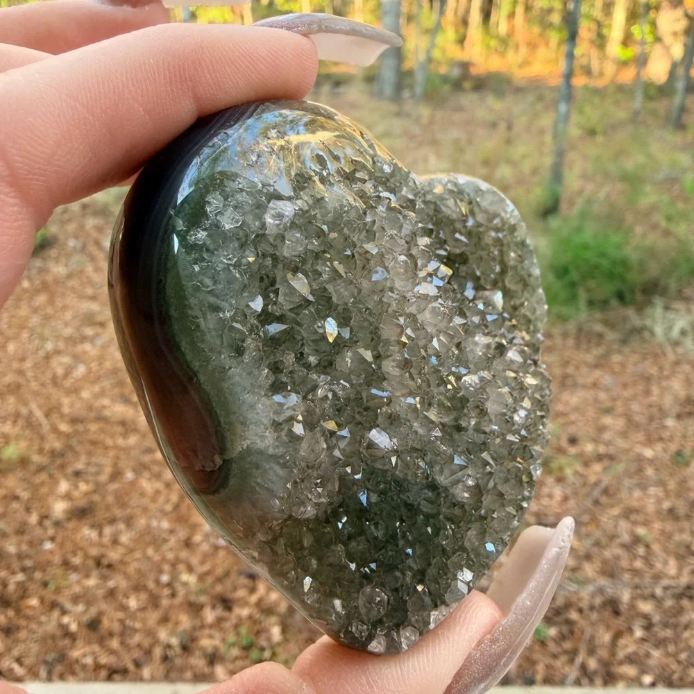 Green Agate Druzy Heart | Natural Sparkling Crystal | Earthy Mint Tones 0027 - Picture 3 of 9